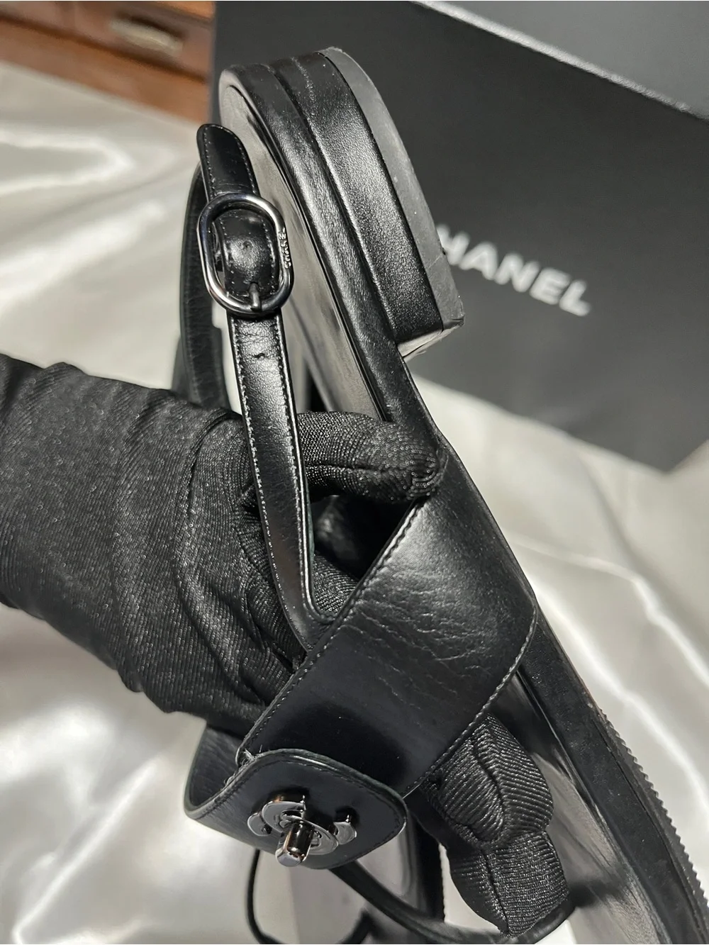 CHANEL Black Leather Thong Sandals with CC Medallion